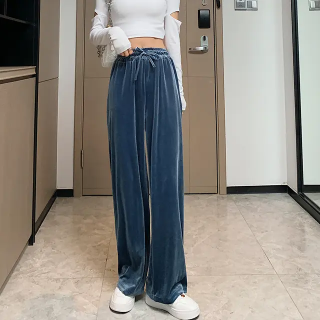 Large Size Gold Velvet Wide leg Pants Women Autumn And Winter Plus Size Mm High Waist Loose Blue - Shop at LoveMi