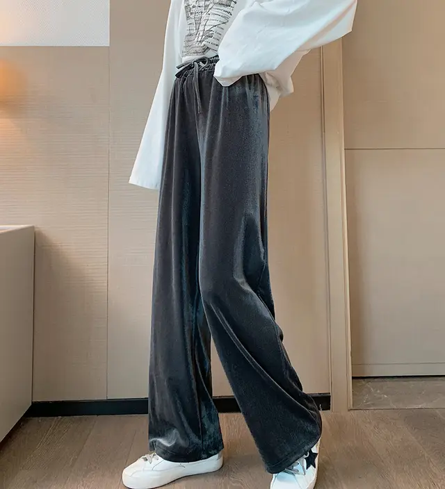 Large Size Gold Velvet Wide leg Pants Women Autumn And Winter Fat Mm High Waist Loose Grey - Shop at LoveMi