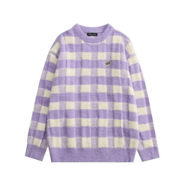 Couple Mink Fur Check Color Blocking Round Neck Sweater Purple - Shop at LoveMi