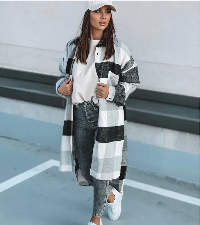 Plaid Single breasted Casual Shirt Jacket Grey - Shop at LoveMi