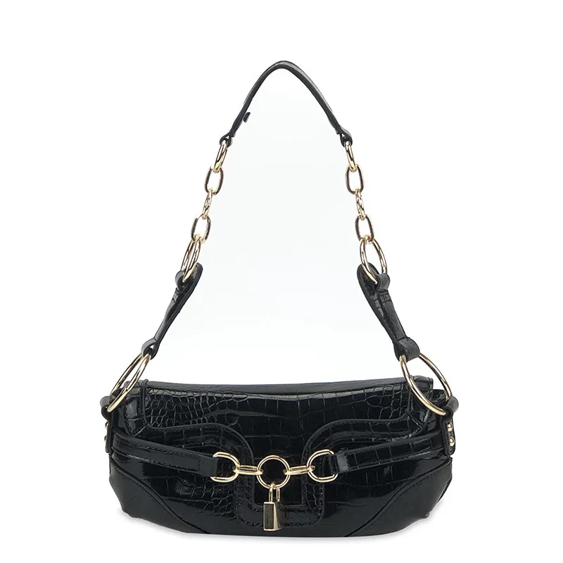 Vintage Fashion Pattern Chain Padlock Underarm Baguette Bag Black - Shop at LoveMi