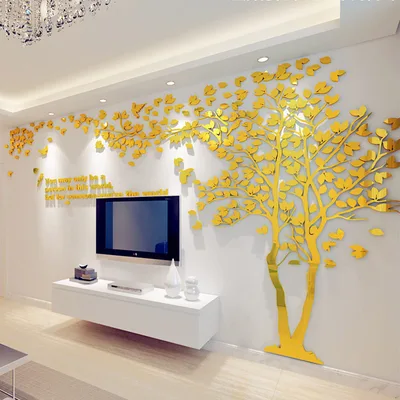 Removable 3d Stereo Acrylic Wall Stickers Living Room Decoration Big Tree Golden Slab - Shop at LoveMi