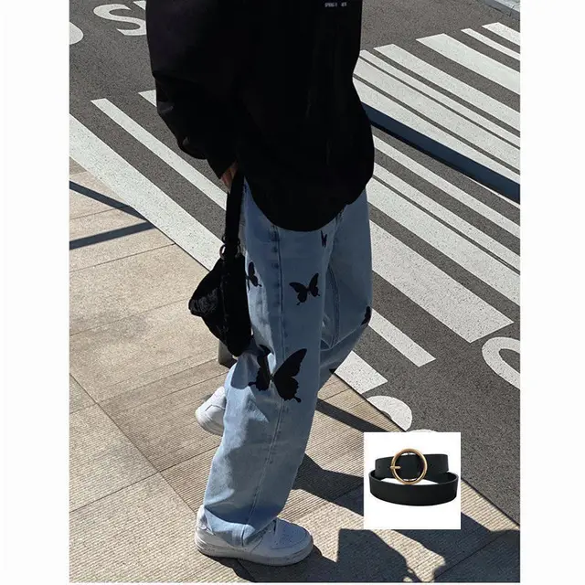Women's Butterfly Light Color Straight Wide Leg Jeans Pants And Belt - Shop at LoveMi