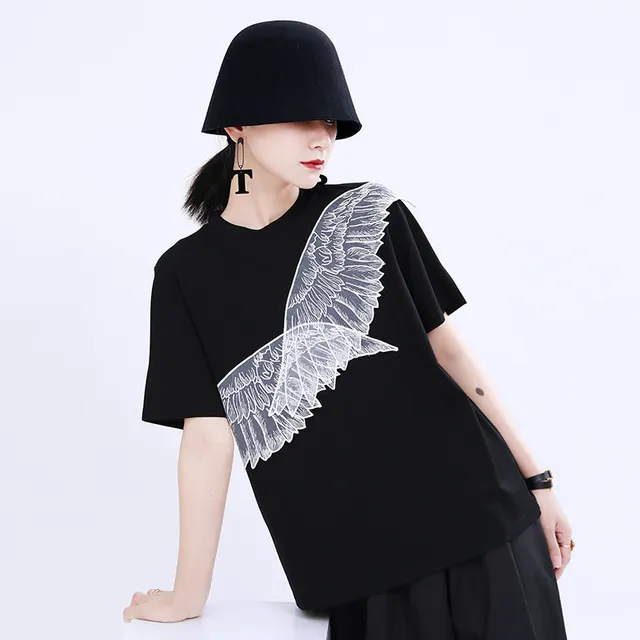 Short Sleeve Design Personality Blouse With Angel Wings Embroidery Applique T shirt For Women Black - Shop at LoveMi