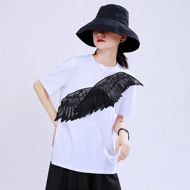 Short Sleeve Design Personality Blouse With Angel Wings Embroidery Applique T shirt For Women White - Shop at LoveMi