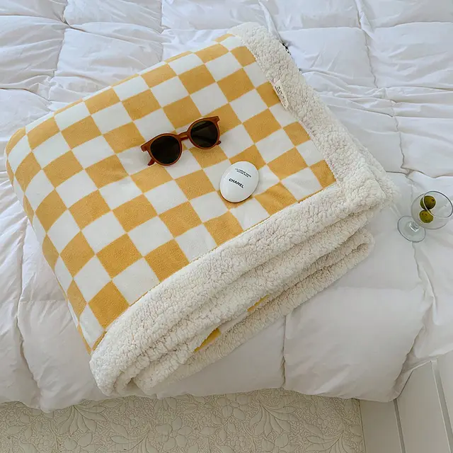 Nordic Style Checkerboard Autumn And Winter Thickened Milk Fleece Blanket Yellow - Shop at LoveMi