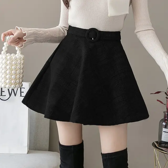 A line Women's High waist Woolen Plaid Skirt Black - Shop at LoveMi