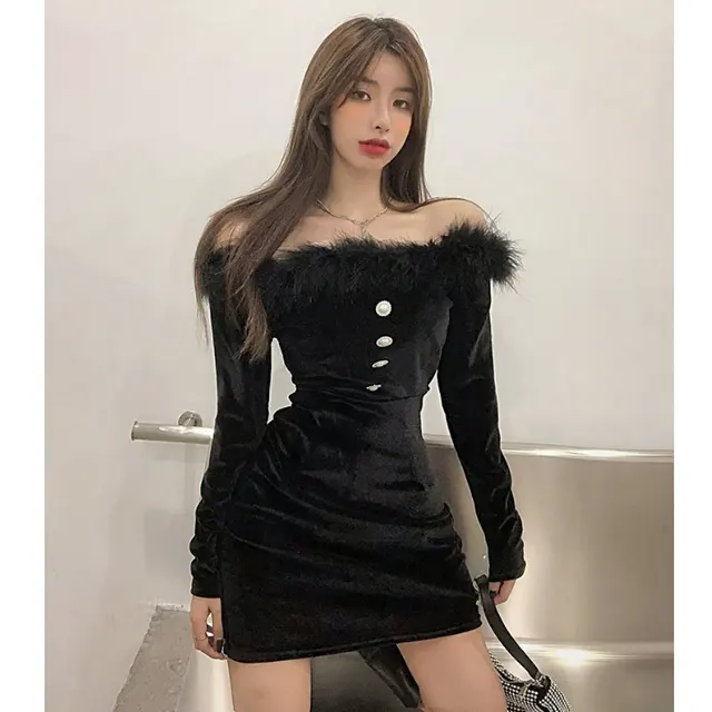 Long sleeved Slim fit Hip bottomed Gold Velvet Dress Black - Shop at LoveMi