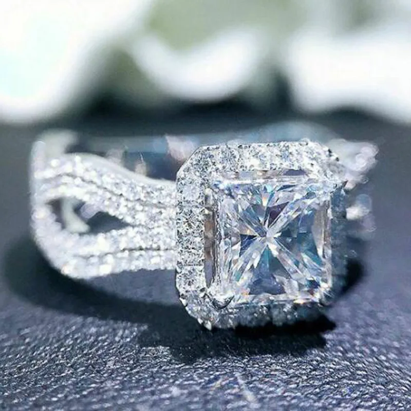 Exquisite Full Diamond Zircon Ladies Engagement Ring White Gold - Shop at LoveMi