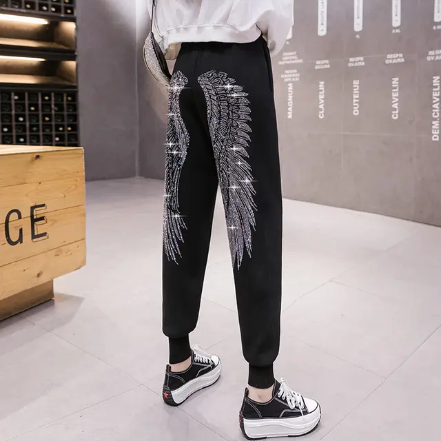 Hot Rhinestone Casual Women's Autumn Loose Ankle Ankle Pants Black And Silver - Shop at LoveMi