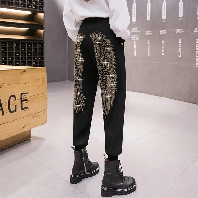 Hot Rhinestone Casual Women's Autumn Loose Ankle Ankle Pants Black Gold - Shop at LoveMi