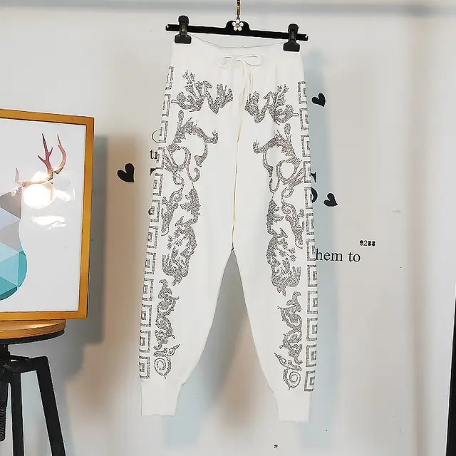 Hot Rhinestone Casual Women's Autumn Loose Ankle Ankle Pants White - Shop at LoveMi