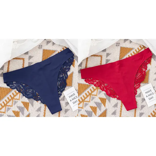 Lace Ice Silk Panties Pure Cotton Crotch Fun Low Waist Navy Blue And Red - Shop at LoveMi