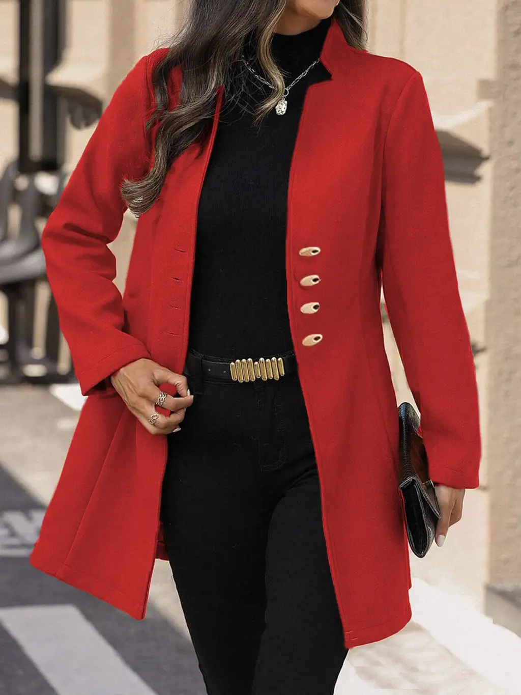 Autumn And Winter Slim Korean Style Solid Color Women's Woolen Coat Jacket - Red