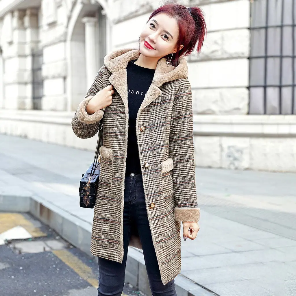 Thick And Warm Mid-length Hooded Woolen Coat