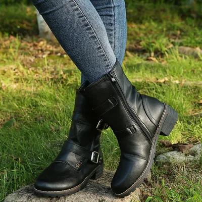 Casual Round Toe Belt Buckle Women Boots Black - Shop at LoveMi