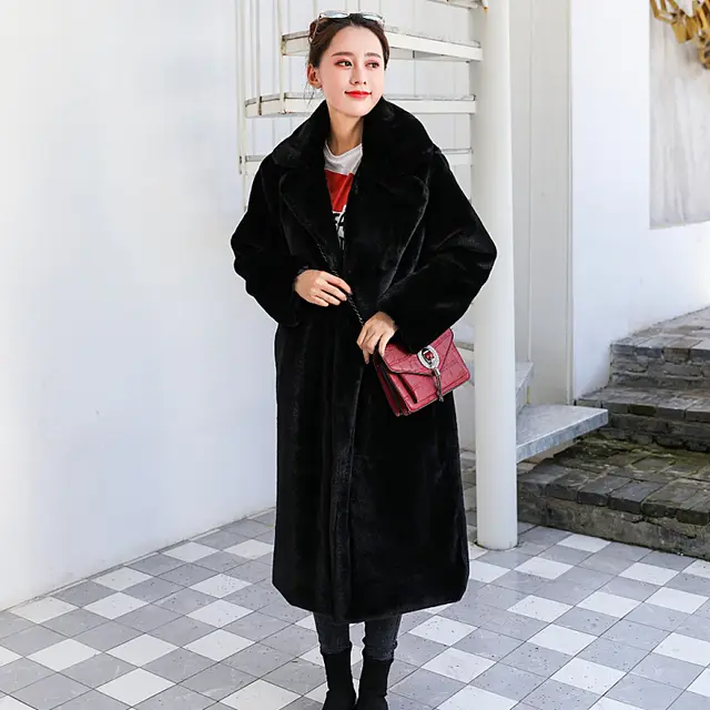 Women's Fur Long Plus Cotton Cashmere Coat Black - Shop at LoveMi