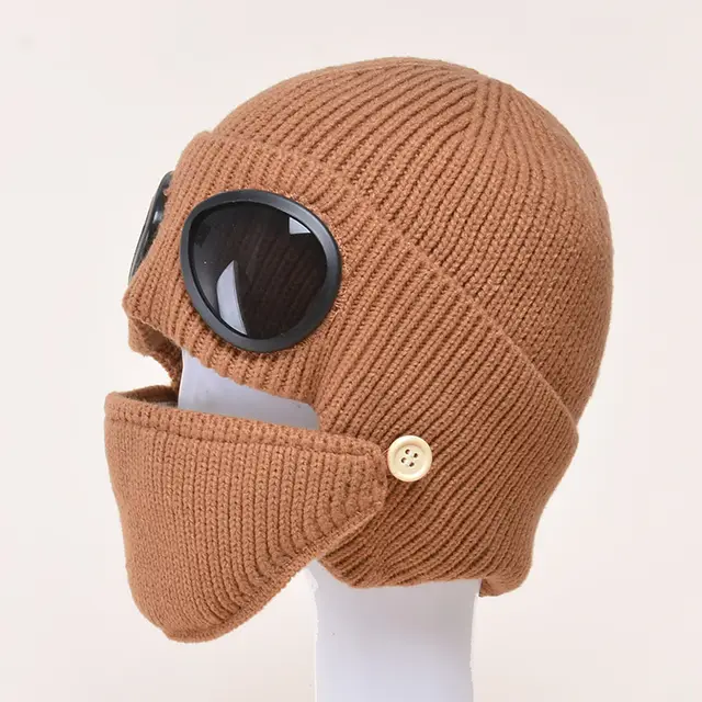 Aviator Glasses Ear With Velvet Warm Wool Hat Caramel Colour - Shop at LoveMi