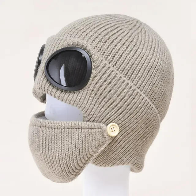 Aviator Glasses Ear With Velvet Warm Wool Hat Khaki - Shop at LoveMi