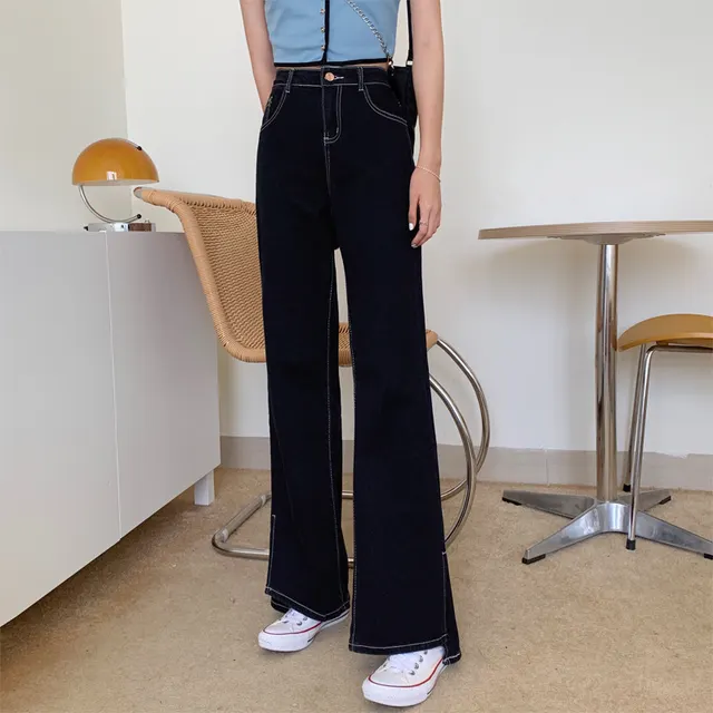 Large Size Peach Hip High Waist Micro Flared Jeans With Slit Black - Shop at LoveMi