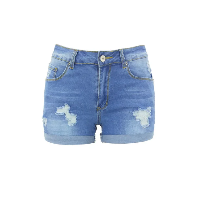 Fashion Ladies High Waisted Denim Shorts With Ripped Flanging Light Blue - Shop at LoveMi