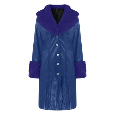 Lapel Long Coat Fur Collar Temperament Zipper Women PU Jacket Blue - Shop at LoveMi