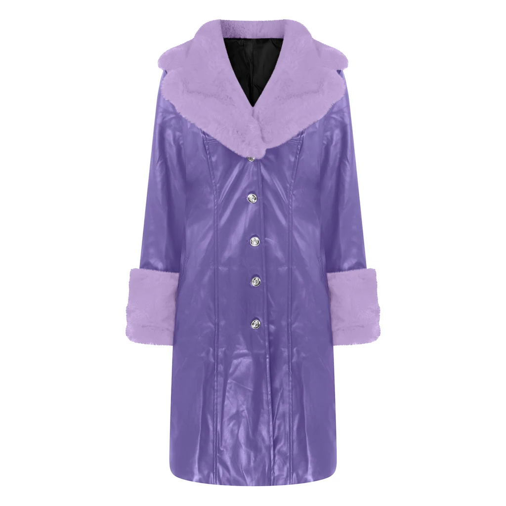 Lapel Long Coat Fur Collar Temperament Zipper Women PU Jacket - Purple