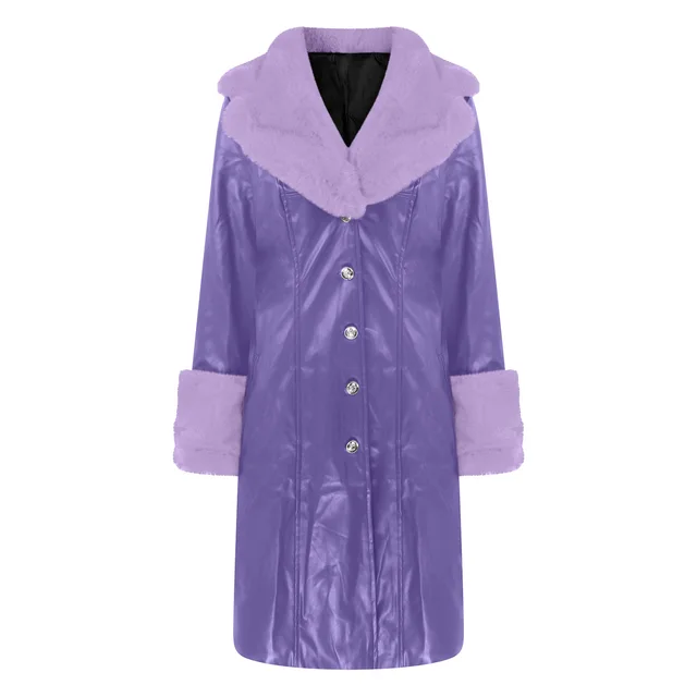 Lapel Long Coat Fur Collar Temperament Zipper Women PU Jacket Purple - Shop at LoveMi