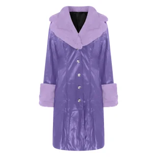 Lapel Long Coat Fur Collar Temperament Zipper Women PU Jacket - Purple