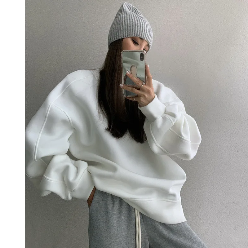 Loose Casual Women's Round Neck Pullover Blouse Jacket - White