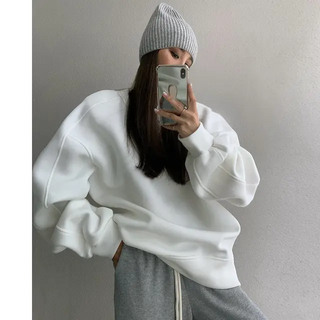 Loose Casual Women's Round Neck Pullover Blouse Jacket White - Shop at LoveMi