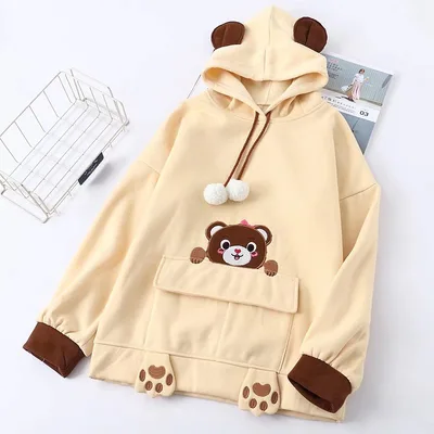 Japanese Girl Cartoon Plus Velvet Padded Hooded Pullover Sweater Khaki Bear Plus Cashmere - Shop at LoveMi