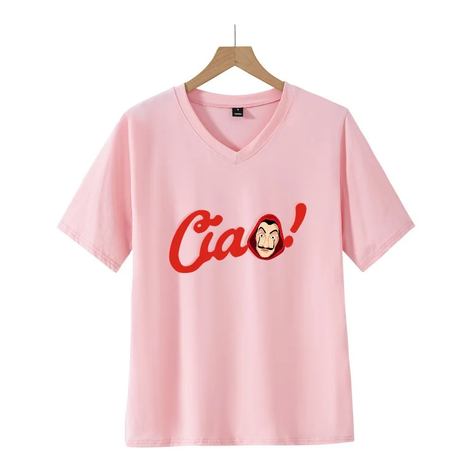 Fashion Women's Printed V-neck Short-sleeved T-shirt - Pink