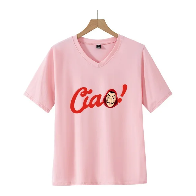 Fashion Women's Printed V neck Short sleeved T shirt Pink - Shop at LoveMi