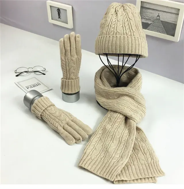 Fashion Solid Color Twist Warm Hat Scarf Glove Set Beige - Shop at LoveMi