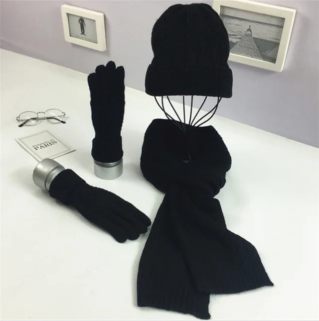 Fashion Solid Color Twist Warm Hat Scarf Glove Set Black - Shop at LoveMi