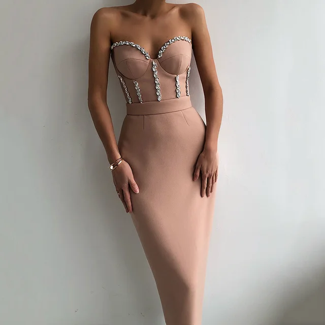 Strapless Sexy Party Elegant Bandage Dress Nail Drill Apricot Beige - Shop at LoveMi