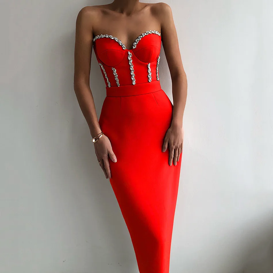 Strapless Sexy Party Elegant Bandage Dress Nail Drill - Red - View 1