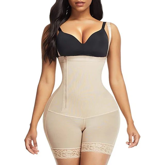 Sling Fat Woman Side Zipper Buckle One piece Tummy Tuck And Hip Bodysuit Skin Tone - Shop at LoveMi