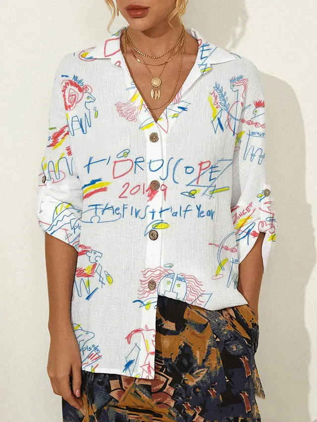Abstract Print Long Sleeve Blouse Lady White - Shop at LoveMi