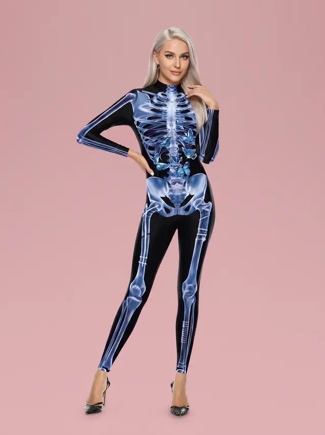 Skeleton Costume Printed Jumpsuit for Women Blue X Ray Print - Shop at LoveMi