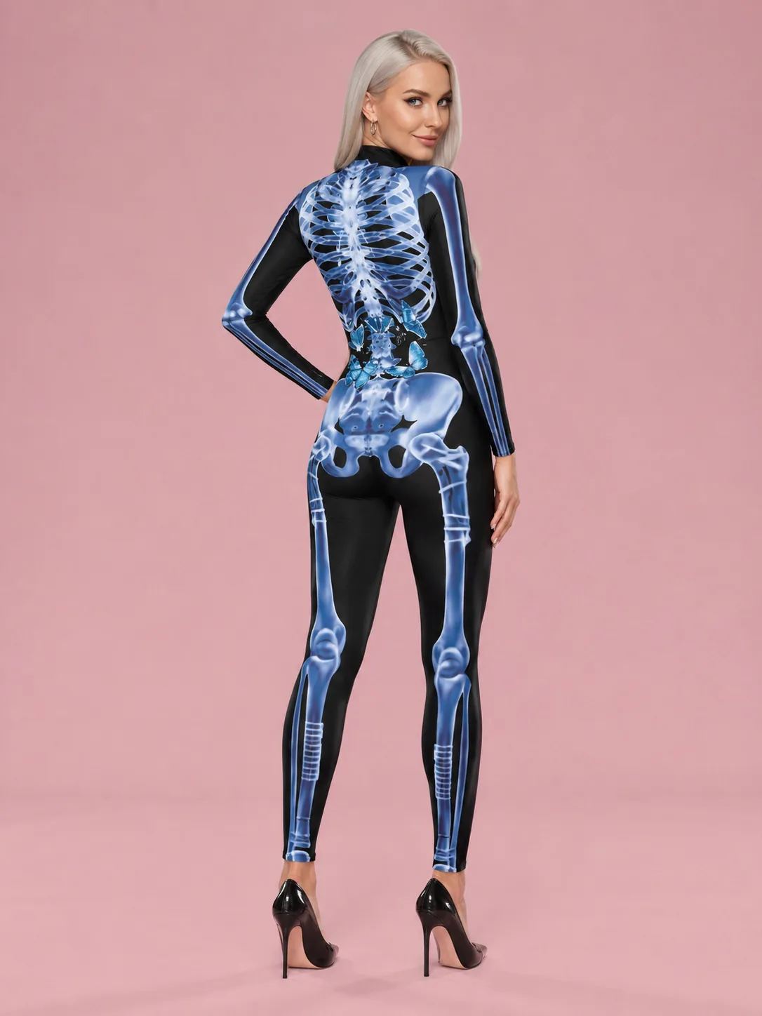 Skeleton Costume Printed Jumpsuit for Women - Blue X-Ray Print - View 2