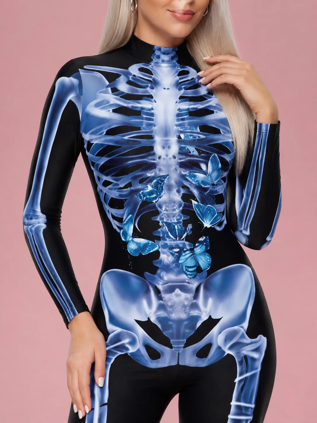 Skeleton Costume Printed Jumpsuit for Women - Blue X-Ray Print - View 4