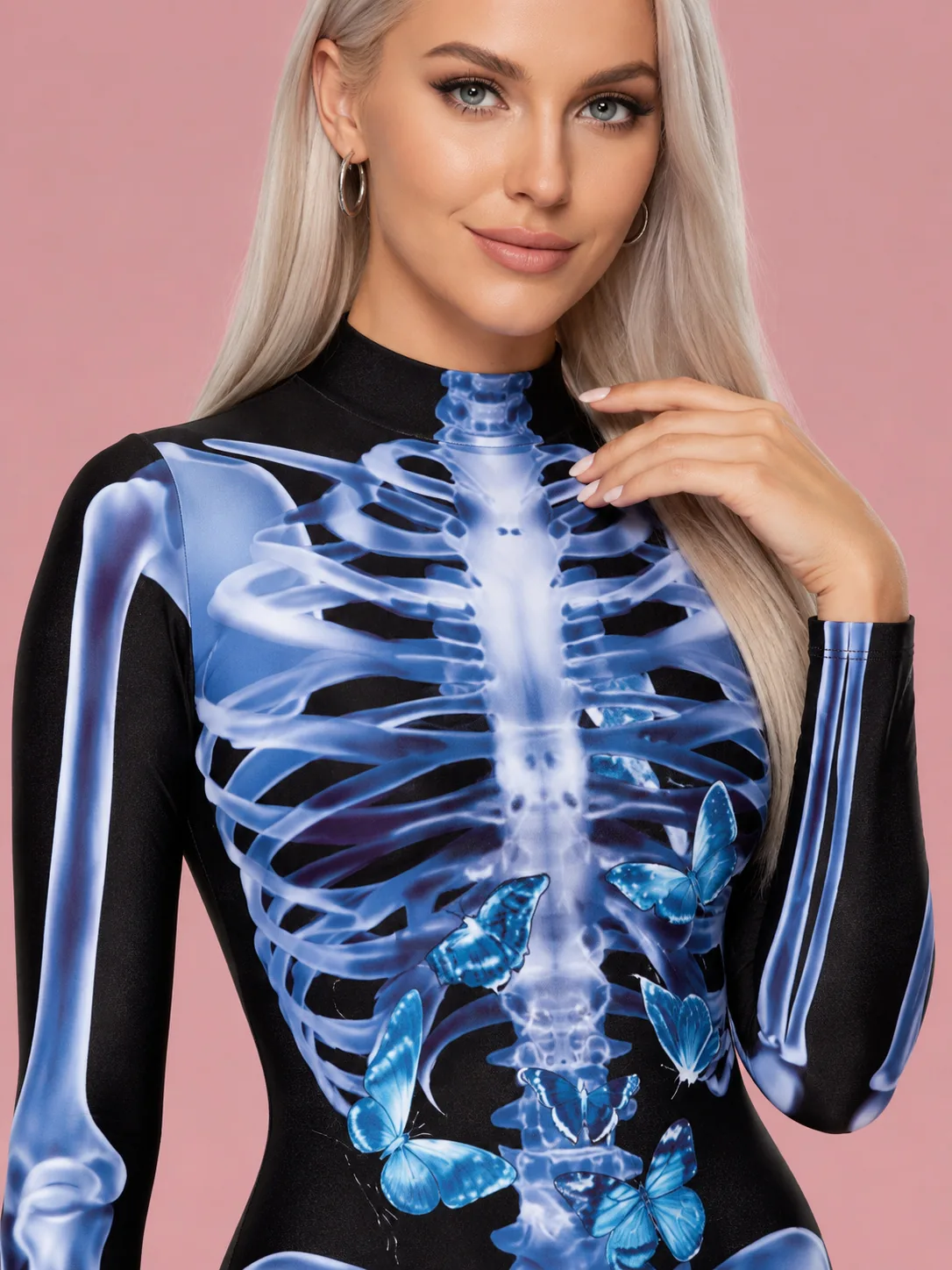 Skeleton Costume Printed Jumpsuit for Women - Blue X-Ray Print - View 5