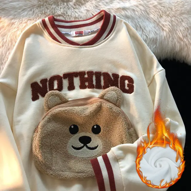 Sweet Cool Chic Pocket Bear Design Niche Top Apricot Color Plus Cashmere M - Shop at LoveMi