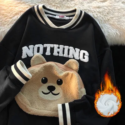 Sweet Cool Chic Pocket Bear Design Niche Top Black Plus Cashmere Models - Shop at LoveMi