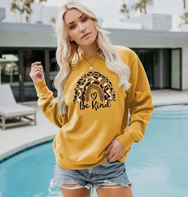 Ladies Leopard Print Rainbow Rain Casual Sweatshirt Yellow - Shop at LoveMi