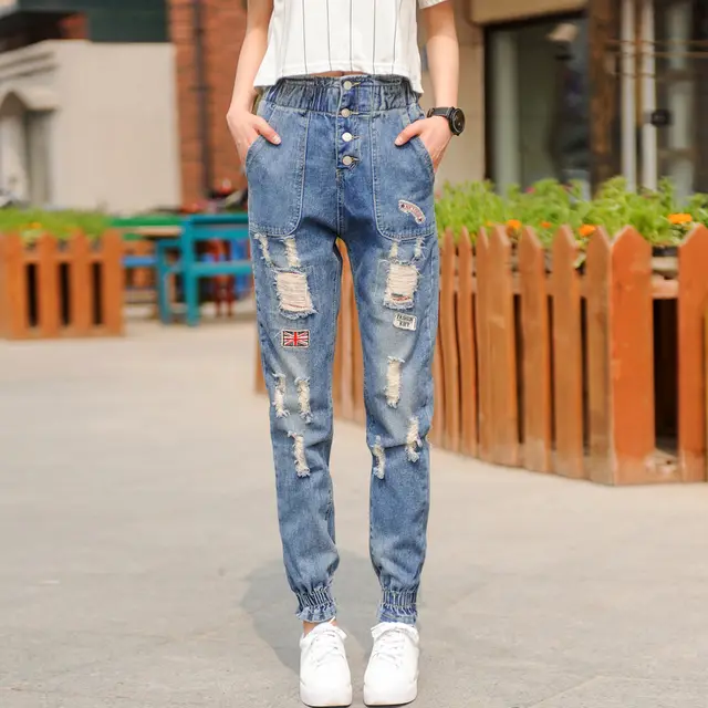 Fashionable Simple Loose Drawstring High Waist Jeans For Women Blue - Shop at LoveMi