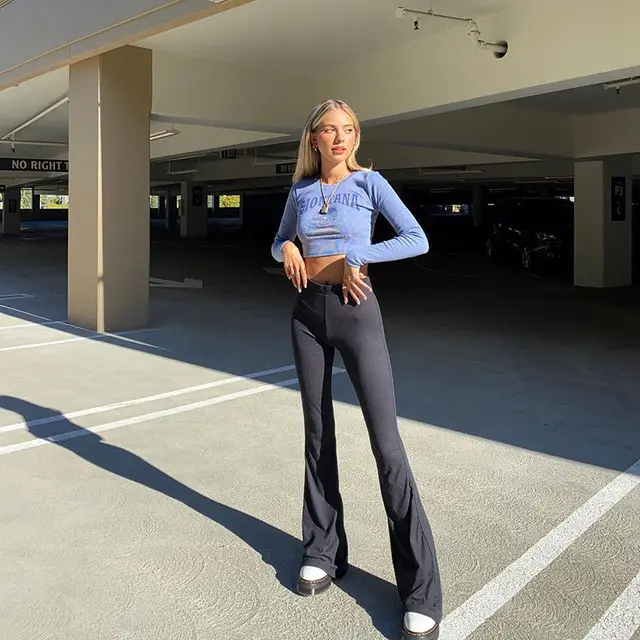 High Waist Grommet Criss Cross Hem Flare Leg Jeans Black - Shop at LoveMi