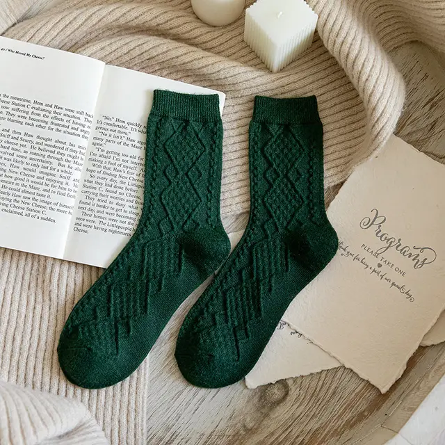 Solid Color Fashion Warm Classic Pattern Wool Socks Dark Green - Shop at LoveMi